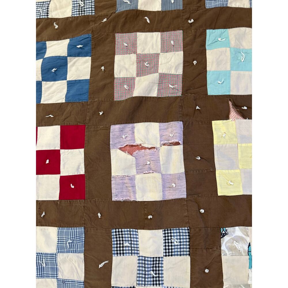 Vintage Handmade Hand-Tied Patchwork Quilt Brown Blue 72x83 Distressed - Picture 4 of 5